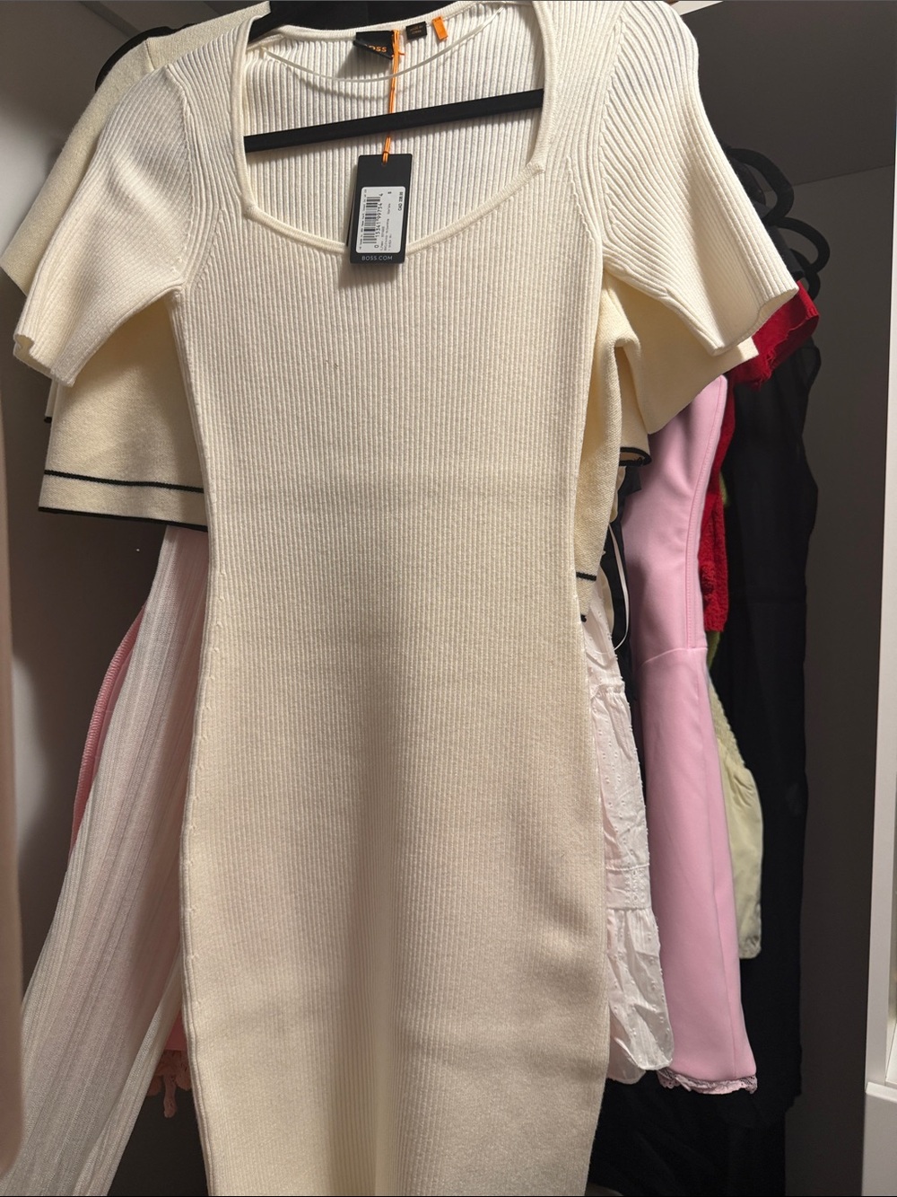 Hugo Boss Cream Ribbed Midi Dress